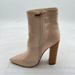Womens Ankle Boots Slip on Pointed Toe Chunky Block Mid Heel Leather Nude